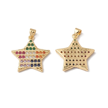 Rack Plating Brass Pendants, with Colorful Cubic Zirconia, Star Charm, Cadmium Free & Lead Free, Long-Lasting Plated, Real 18K Gold Plated, 25x23x2.5mm, Hole: 5x3.5mm