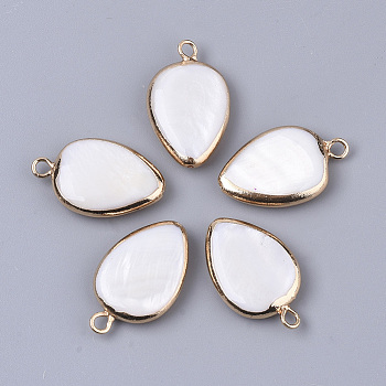 Edge Plated Freshwater Shell Pendants, for DIY Jewelry Making, with Golden Plated Brass Loops and Half Drilled, Teardrop, Seashell Color, 20~23x13~14x4~6mm, Hole: 0.9~1.8mm