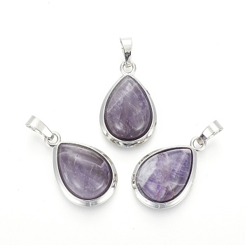 Natural Amethyst Pendants, with Brass Findings, teardrop, Platinum, 26x16~17x8~10mm, Hole: 8x5mm
