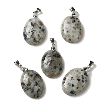 Natural Sesame Jasper Pendants, Oval Charms with Rack Plating Platinum Plated Brass Snap on Bails, 30x21.5~22x6~6.5mm, Hole: 6x4mm