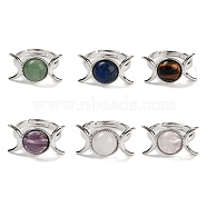 Natural Gemstone Adjustable Rings, Platinum Plated Brass Triple Moon Finger Rings for Women Men, US Size 7 1/4(17.5mm)(RJEW-K271-01P)