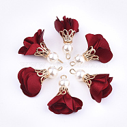 Iron Pendants, with Cloth and ABS Plastic Imitation Pearl, Flower, Golden, Dark Red, 25~32x15~25mm, Hole: 1~4mm(FIND-T033-07J)
