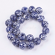 Handmade Blue and White Porcelain Beads, Round with Flower, Medium Blue, 14~17mm, Hole: 2~2.5mm(PORC-G002-10)