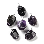Natural Amethyst Copper Wire Wrapped Pendants, Tumbled Stone Nuggets Charms, Platinum, 31~37x14~34x13~23mm, Hole: 2~5x2~5mm(G-G104-04A)