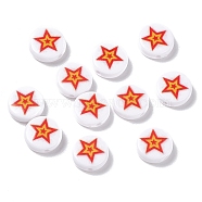 Opaque Printed Acrylic Beads, Flat Round with Star, Red, 11x4mm, Hole: 1.5mm(SACR-F004-02B)