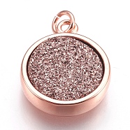 Brass Charms, with Druzy Resin Cabochon, Flat Round, Rose Gold, Rosy Brown, 14x11.5x3mm, Hole: 2mm(KK-P145-G01-RG)