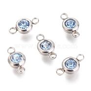 304 Stainless Steel Rhinestone Links Connectors, Flat Round, Stainless Steel Color, Light Sapphire, 12x6.5x4mm, Hole: 2mm(X-STAS-P237-17P-15)