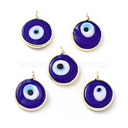 Handmade Evil Eye Lampwork Pendants, with Rack Plating Brass Findings, Long-Lasting Plated, Flat Round, Blue, 18~19x15~16x4mm, Hole: 2mm(LAMP-F026-05E)