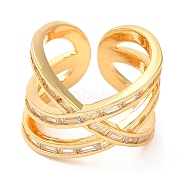 Rack Plating Bras Criss Cross Open Cuff Ring with Cubic Zirconia, Lead Free & Cadmium Free, Real 18K Gold Plated, Inner Diameter: 17.4mm(RJEW-D004-01G)