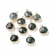 Natural Moss Agate Charms, with Brass Finding, Faceted Flat Round, 14x11x4mm, Hole: 1.6mm(G-C023-04)