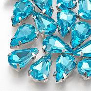 Sew on Rhinestone, Multi-strand Links, Glass Rhinestone, with Brass Prong Settings, Garments Accessories, Faceted, teardrop, Platinum, Deep Sky Blue, 10x6.5x4.4mm, Hole: 0.8~1mm(RGLA-T035-6x10mm-13)