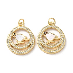 Brass Micro Pave Clear Cubic Zirconia Pendants, with Shell and Jump Ring, Real 18K Gold Plated, Flat Round, 22x18x3.5mm, Hole: 3mm(KK-B083-33B-G)