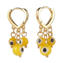 Evil Eye Lampwork Round Beads Dangle Hoop Earrings, Brass Heart Earrings for Girl Women, Golden, Yellow, 31x15mm, Pin: 1mm(EJEW-JE04826-01)