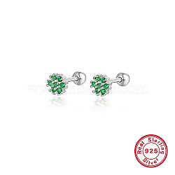 Rhodium Plated Platinum 925 Sterling Silver Flower Stud Earrings, with Cubic Zirconia, Green, 5mm(TL5591-11)