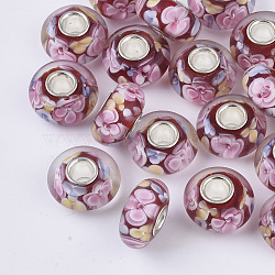 Handmade Lampwork European Beads, Inner Flower, Large Hole Beads, with Silver Color Plated Brass Single Cores, Rondelle, Colorful, 14x7.5mm, Hole: 4mm(X-LAMP-S193-004E)