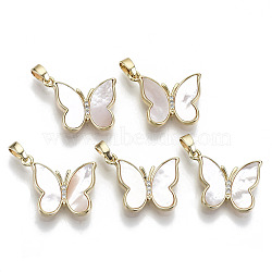 Natural Freshwater Shell Pendants, with Cubic Zirconia and Brass Findings, Nickel Free, Butterfly, Real 18k Gold Plated, Seashell Color, 16x19x3mm, Hole: 2x4mm(KK-R112-015-NF)