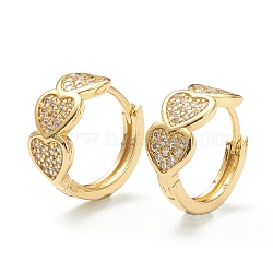 Brass Micro Pave Clear Cubic Zirconia Huggie Hoop Earrings, Ring with Heart, Real 18K Gold Plated, 13x14x2.5~7.5mm, Pin: 1mm(EJEW-A058-15G)