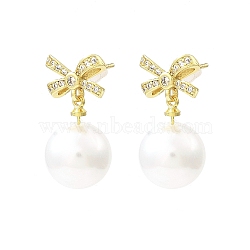 Bowknot Brass Micro Pave Cubic Zirconia Stud Earrings, with Plastic Pearl Beads, Long-Lasting Plated, Lead Free & Cadmium Free, Real 18K Gold Plated, 23x11.5mm(EJEW-L270-010G)