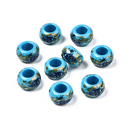 Flower Printed Opaque Acrylic Rondelle Beads, Large Hole Beads, Deep Sky Blue, 15x9mm, Hole: 7mm(SACR-S305-27-C01)