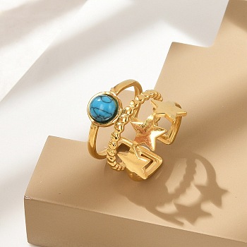 Natural Turquoise Finger Rings, 304 Stainless Steel Open Cuff Rings, Real 18K Gold Plated, Star, 20mm, Adjustable