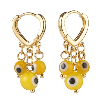 Evil Eye Lampwork Round Beads Dangle Hoop Earrings, Brass Heart Earrings for Girl Women, Golden, Yellow, 31x15mm, Pin: 1mm
