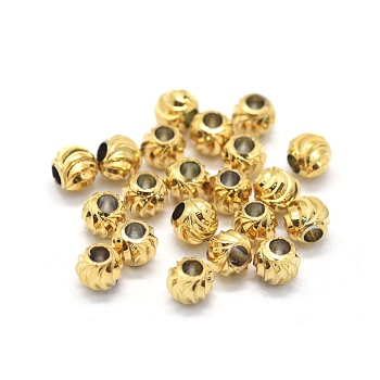 Brass Corrugated Beads, Round, Real 18K Gold Plated, 4mm, Hole: 1.6mm