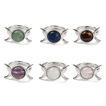 Natural Gemstone Adjustable Rings, Platinum Plated Brass Triple Moon Finger Rings for Women Men, US Size 7 1/4(17.5mm)
