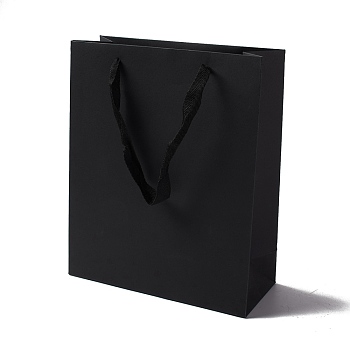 Kraft Paper Bags, with Ribbon Handles, Gift Bags, Shopping Bags, Rectangle, Black, 28x23x9.7cm; Fold: 28x23x0.4cm