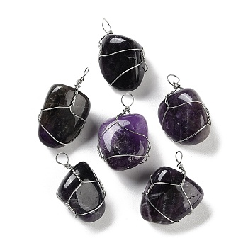 Natural Amethyst Copper Wire Wrapped Pendants, Tumbled Stone Nuggets Charms, Platinum, 31~37x14~34x13~23mm, Hole: 2~5x2~5mm