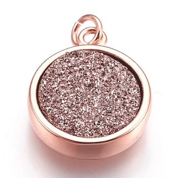 Brass Charms, with Druzy Resin Cabochon, Flat Round, Rose Gold, Rosy Brown, 14x11.5x3mm, Hole: 2mm