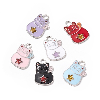 Alloy Enamel Pendants, Cat with Star Charm, Platinum, Mixed Color, 18.5x12.5x1.5mm, Hole: 2mm