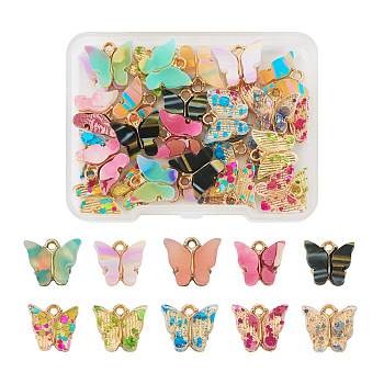 40Pcs 10 Style Transparent Acrylic Charms, with Light Gold Plated Alloy Finding and Sequins, Butterfly, Mixed Color, 11.5~12.5x13~14x3~3.5mm, Hole: 1.7~1.8mm, 4pcs/style