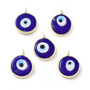 Handmade Evil Eye Lampwork Pendants, with Rack Plating Brass Findings, Long-Lasting Plated, Flat Round, Blue, 18~19x15~16x4mm, Hole: 2mm