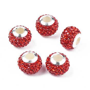 Handmade Polymer Clay Rhinestone European Beads, with Silver Tone CCB Plastic Double Cores, Large Hole Beads, Rondelle, Siam, 12.5~13x10mm, Hole: 4.5mm