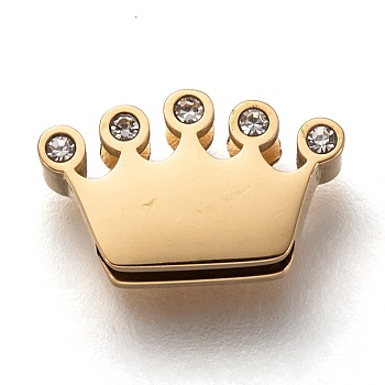 304 Stainless Steel Slide Charms, with Crystal Rhinestone, Crown, Golden, 13x8x3.5mm, Hole: 8x1.5mm