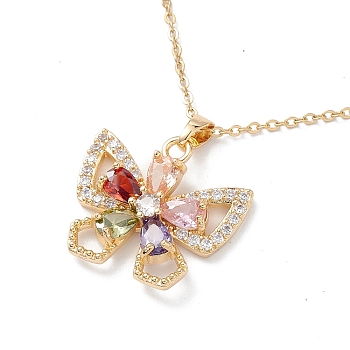 Colorful Cubic Zirconia Pendant Necklace, Golden 304 Stainless Steel Jewelry for Women, Butterfly, 16.06 inch(40.8cm)