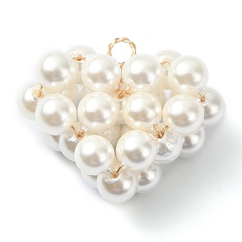 Shell Pearl Copper Wire Wrapped Pendants, Heart Cluster Charms, Golden, White, 18.5x22x10mm, Hole: 2mm