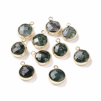 Natural Moss Agate Charms, with Brass Finding, Faceted Flat Round, 14x11x4mm, Hole: 1.6mm
