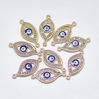 Light Gold Plated Alloy Links, with Crystal Rhinestone and Enamel, Evil Eye, Blue, 27x12.5x2mm, Hole: 1.4mm