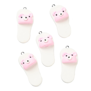 Handmade Polymer Clay Pendants, with Platinum Iron Loops, Slipper with Bear, White, 41x19x12.5mm, Hole: 2mm