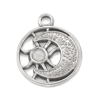304 Stainless Steel Pendant Cabochon Settings, Flat Round with Moon & Sun, Stainless Steel Color, Tray: 3.8mm, 24.5x20x2mm, Hole: 2.7mm