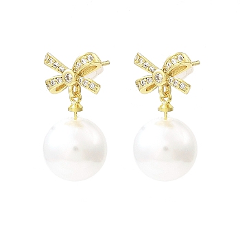 Bowknot Brass Micro Pave Cubic Zirconia Stud Earrings, with Plastic Pearl Beads, Long-Lasting Plated, Lead Free & Cadmium Free, Real 18K Gold Plated, 23x11.5mm