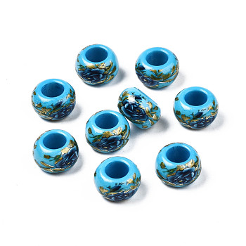 Flower Printed Opaque Acrylic Rondelle Beads, Large Hole Beads, Deep Sky Blue, 15x9mm, Hole: 7mm