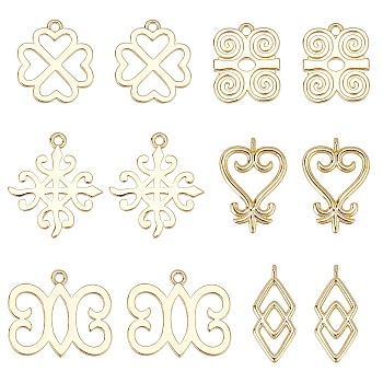 PANDAHALL ELITE 12Pcs 6 Style Brass Pendants, Long-Lasting Plated, Adinkra Symbols, Real 18K Gold Plated, 2pcs/style