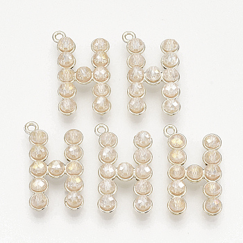 Eco-Friendly Alloy Pendants, with Glass Beads, Letter H, Light Gold, Linen, 27x16x6mm, Hole: 1.8mm