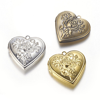 Brass Locket Pendants, Heart with Rose, Mixed Color, 29x29x7.5mm, Hole: 2mm