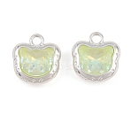 Alloy & Glass Pendants, Faceted Bear Head Charms, Silver, Long-Lasting Plated, Rack Plating, Yellow Green, 14x13x5.5mm, Hole: 2mm(GL-CBA415D-13S)