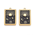 304 Stainless Steel Pendants, with Enamel, Rectangle with Moon & Star & Sun Charms, Ion Plating(IP), Real 18K Gold Plated, Black, 28x18x2mm, Hole: 1.6mm(X-STAS-N108-27B-G)