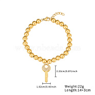 Stainless Steel Crystal Rhinestone Ball Beaded Bracelets with Pendants, Golden, Key, 5-1/2 inch(14cm), Pendant: 22.3x10.2mm(DM8226-4)