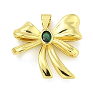 Real 18K Gold Plated Brass Pendant, with Glass, Bowknot, Sea Green, 33x35.5x8mm, Hole: 7.5x4.5mm(KK-R159-35G-01)